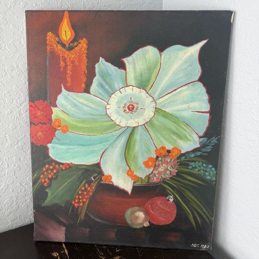Original Signed Christmas Still Floral Painting Canvas 16x20 Candle Ornaments